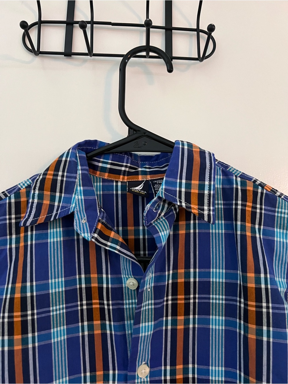 Nautica Boys Plaid Button Front Dress Shirt Size 4 Blue Orange Long Sleeve - Picture 2 of 4